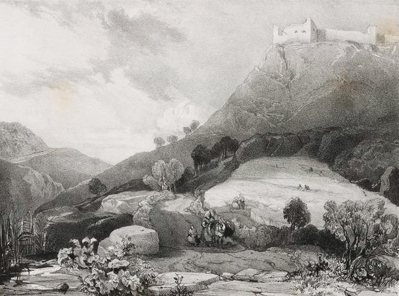 Puycelsi en 1833 vu depuis la vallée. On voit bien l'ancien château sur le Grand Saint Roch ; château depuis démoli